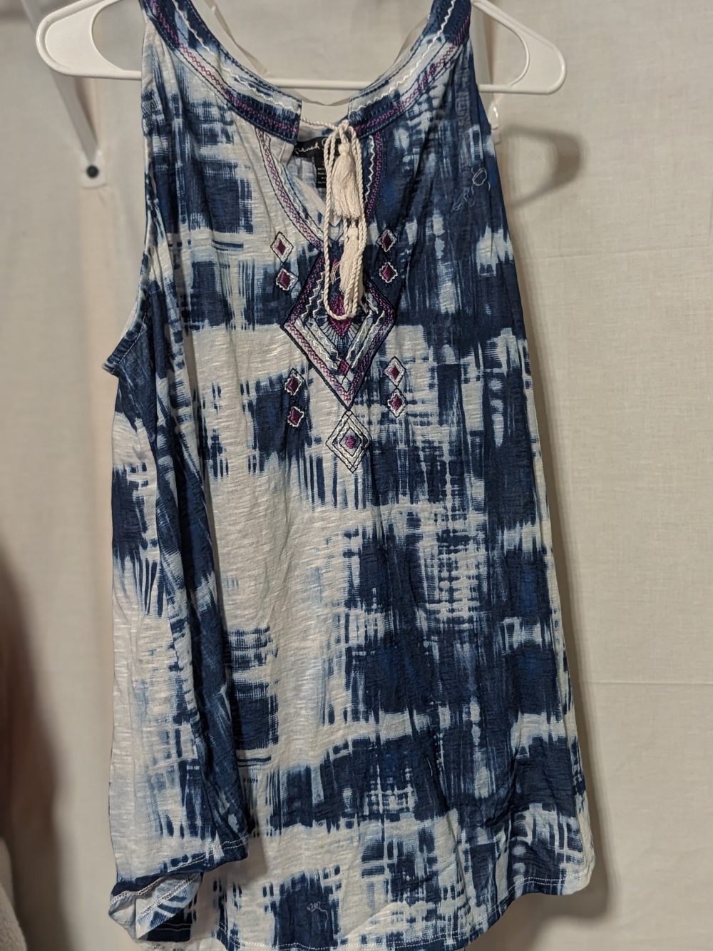 French Laundry Blue and White Tie-Dye Tank with Embroidered Neckline